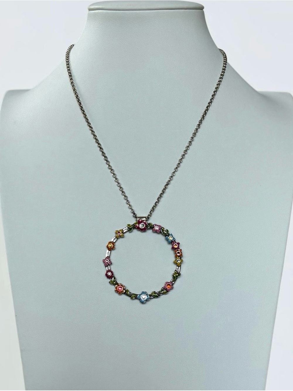 Brighton Silver-Tone Multicolor Floral Crystal Circle Pendant Necklace